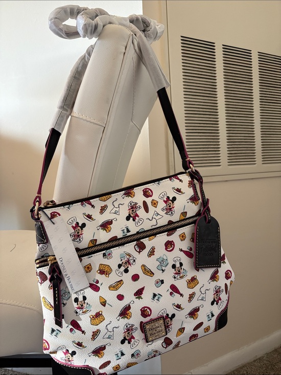 Dooney & Bourke Handbags - Dooney & Bourke White Minnie Mouse Patterned Shoulder Bag with Burgundy Trim